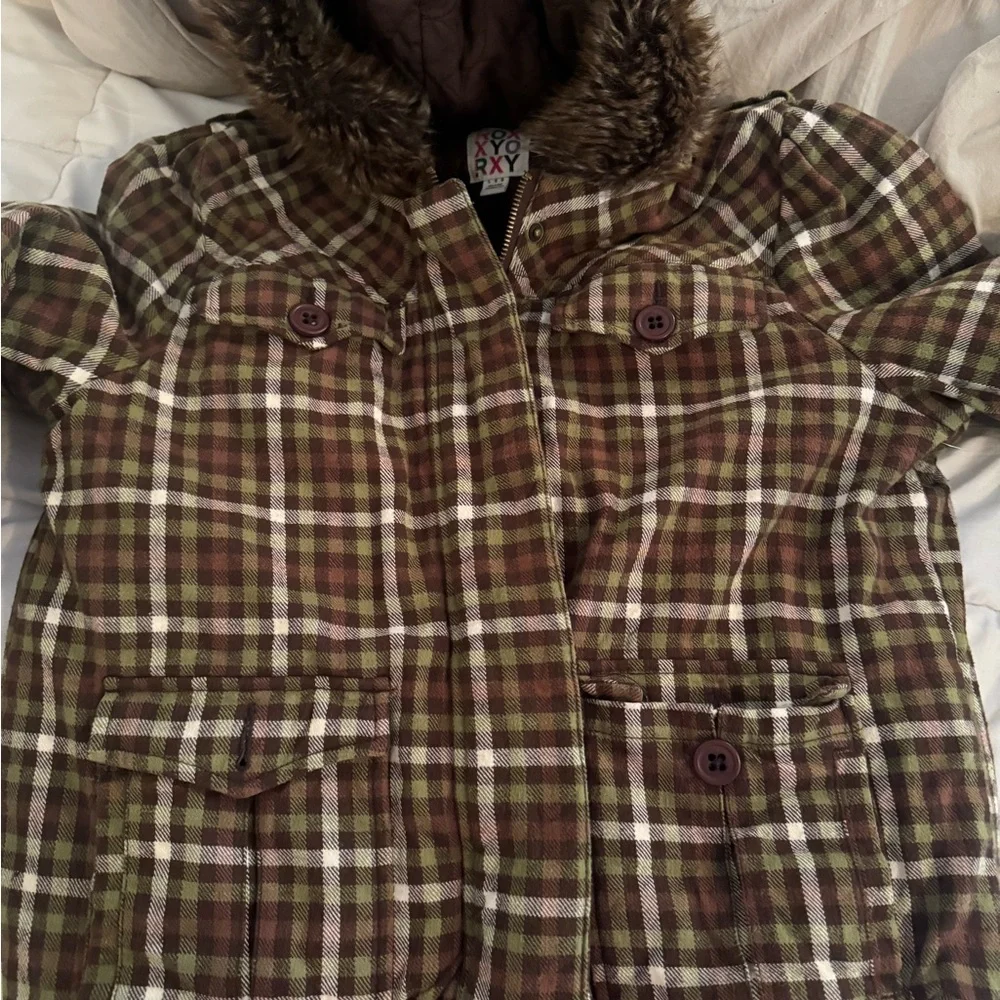 Roxy Brown Plaid Jacket with Faux Fur - Picture 3 of 3